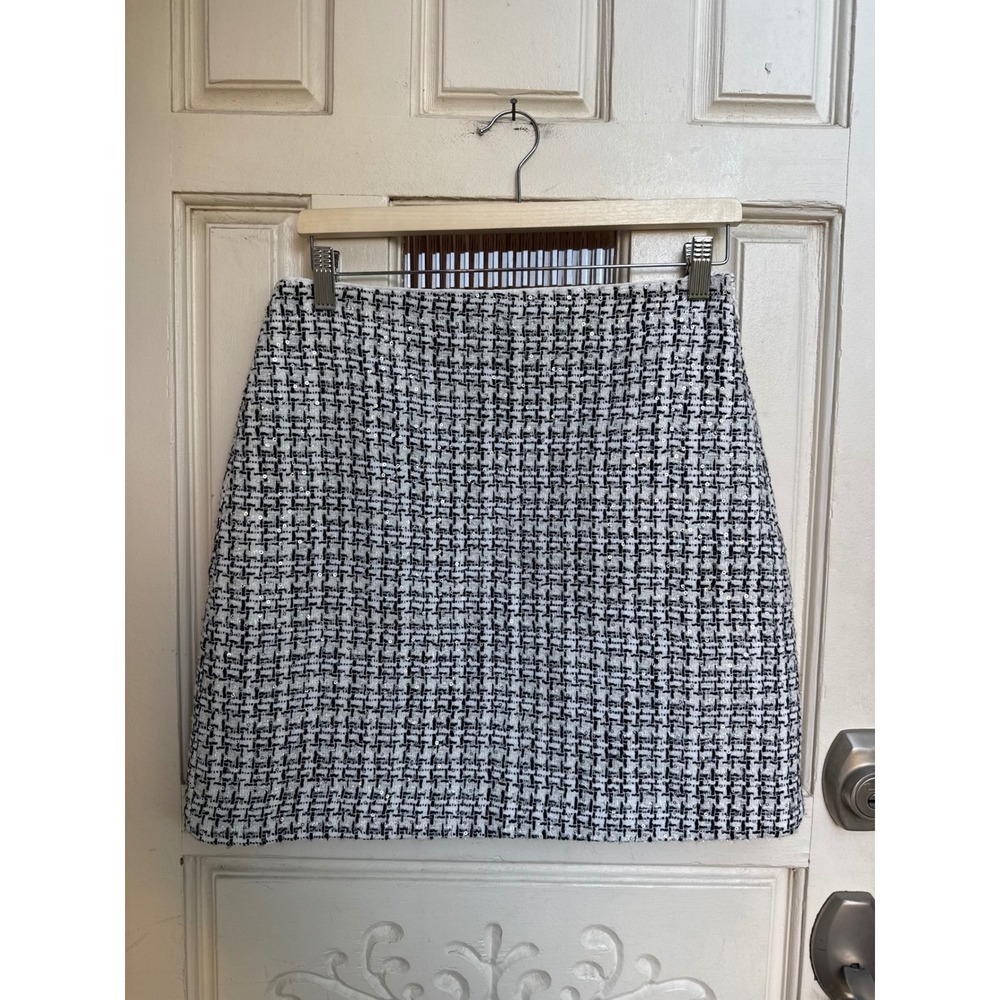 Loft Black White Sequin Tweed Mini Skirt A-Line Business Casual Woven Size 4
